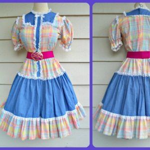 Plaid Patio Dress - M - Bright Pastel Plaid Tiered Dress Square Dance